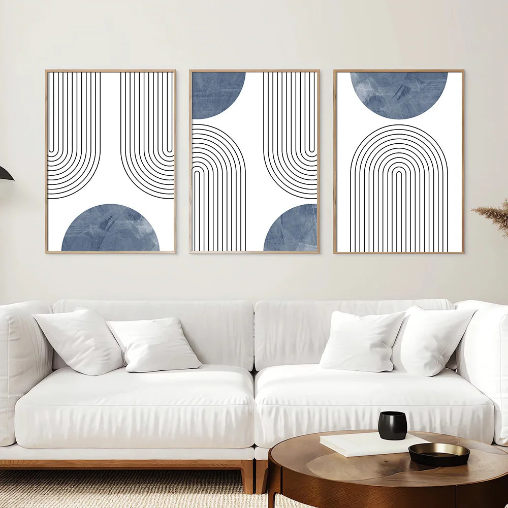 Set of 3 Blue Mid-century Retro Geometric Art Poster Print Boho Simple Line Abstract Wall Decor Painting Minimalist Wall Picture