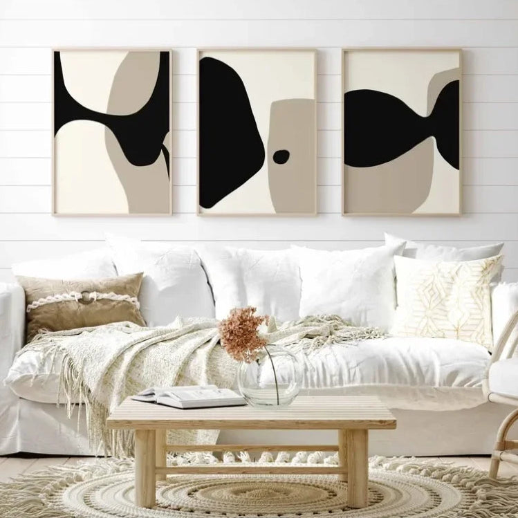Modern Minimalist Neutral Gallery Wall Art Black and Beige Abstract Art Canvas Painting Nordic Simple Bedroom Frameless Wall Art