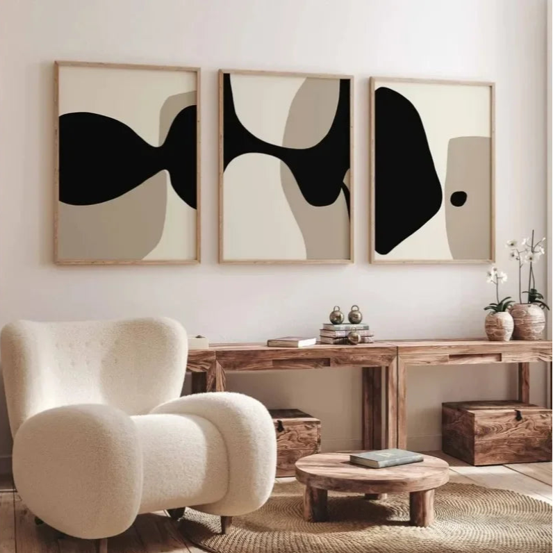 Modern Minimalist Neutral Gallery Wall Art Black and Beige Abstract Art Canvas Painting Nordic Simple Bedroom Frameless Wall Art