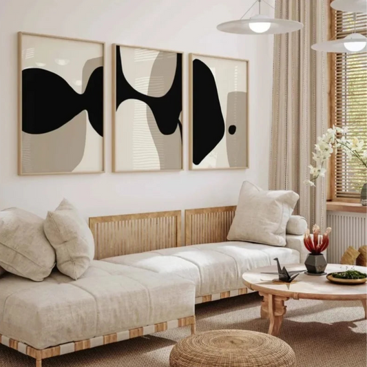 Modern Minimalist Neutral Gallery Wall Art Black and Beige Abstract Art Canvas Painting Nordic Simple Bedroom Frameless Wall Art